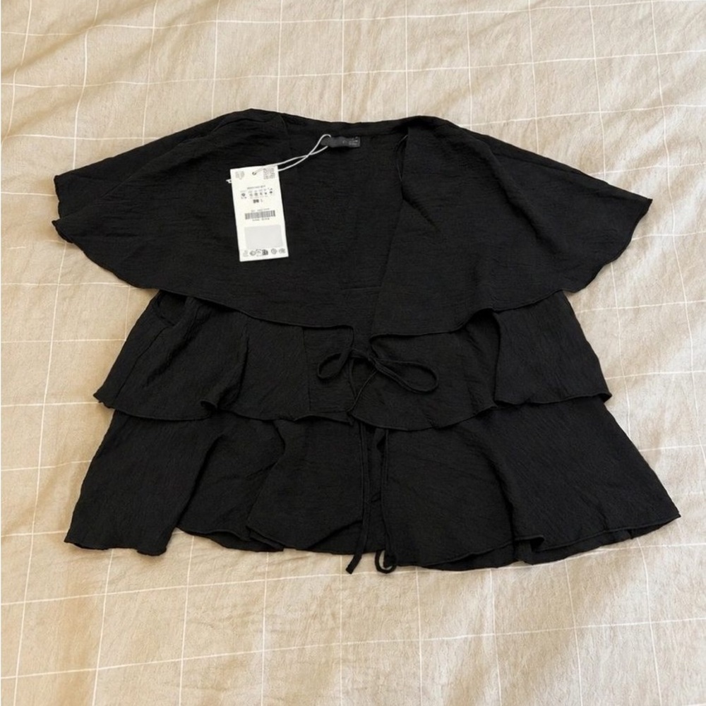 Zara Black Short Sleeve Tiered Ruffle Top
